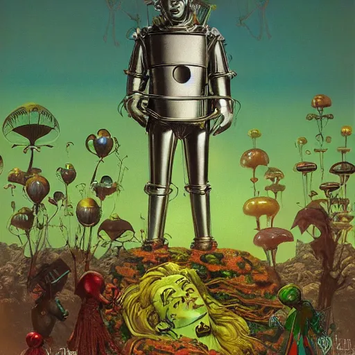 Image similar to Wizard of oz tinman, by lawrence alma-tadema and zdzislaw beksinski and norman rockwell and jack kirby and tom lovell and greg staples, artstation creature art