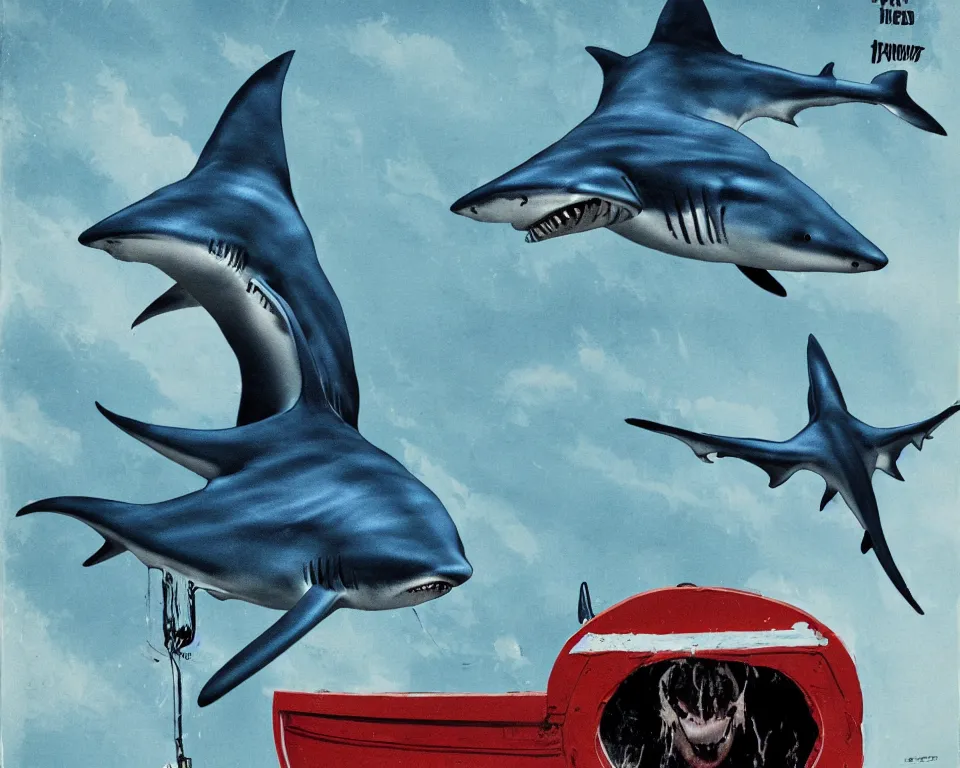Image similar to a horror movie poster featuring a blue shark driving a boat