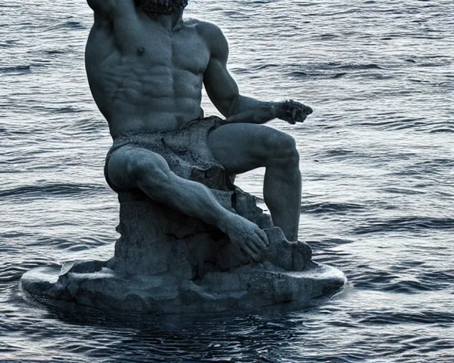 Prompt: a giant abstract sculpture of a legendary greek warrior god on the water, in the style of robert gober, award winning, cinematic, hyper - realistic, very detailed, realistic water splashes, ray tracing, 8 k resolution, long - shot, sharp focus, low angle, 8 5 mm photograph, wide lens