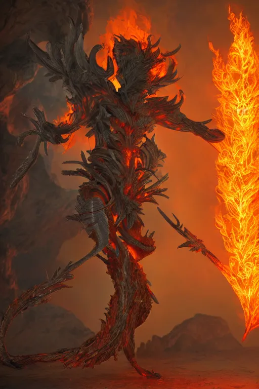 Image similar to fire wielding elemental being, character concept, hyper detailed, fractal, ray tracing, 4k