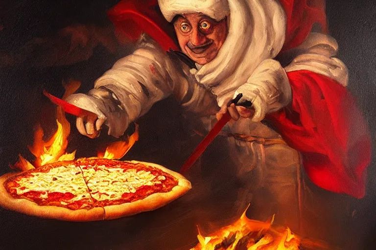 Image similar to a highly detailed oil painting of pulcinella!!! from naples with a pizza!! and lots of fire, a volcano and dark smoke, an ultrafine detailed painting by achille superbi, dramatic lighting, trending on deviantart, sharp focus, octane, masterpiece