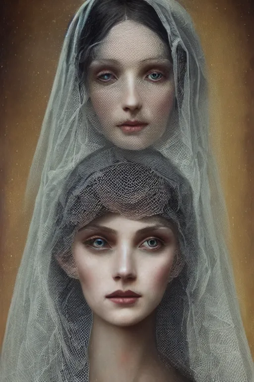 Image similar to a beautiful ultradetailed vintage photo of a veiled cyborg, by tom bagshaw and anna dittman, embroidered lace chapel veil, portrait, vignette, 3 5 mm lens, golden ratio composition, detailed face, studio photography, very detailed, humanoids, industrial robots, artstation, 8 k, highly coherent