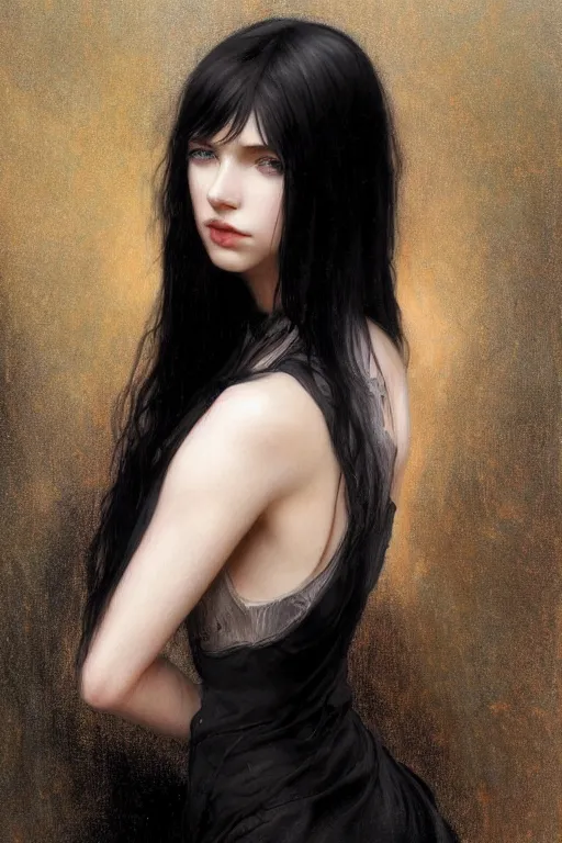 Prompt: portrait of teenage girl with glossy black hair, blue eyes, glowing porcelain skin, fashion model features, dark fantasy, dark academia, intricate, elegant, black dress, highly detailed, digital painting, artstation, concept art, smooth, sharp focus, illustration, art by Krenz Cushart and Artem Demura and alphonse mucha