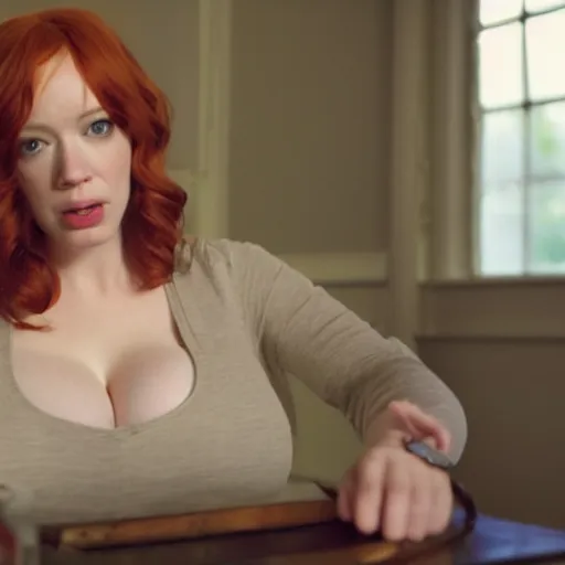 Image similar to amazing beautiful Christina Hendricks with mouth wide open in the living room, film still from the movie directed by Denis Villeneuve , wide lens