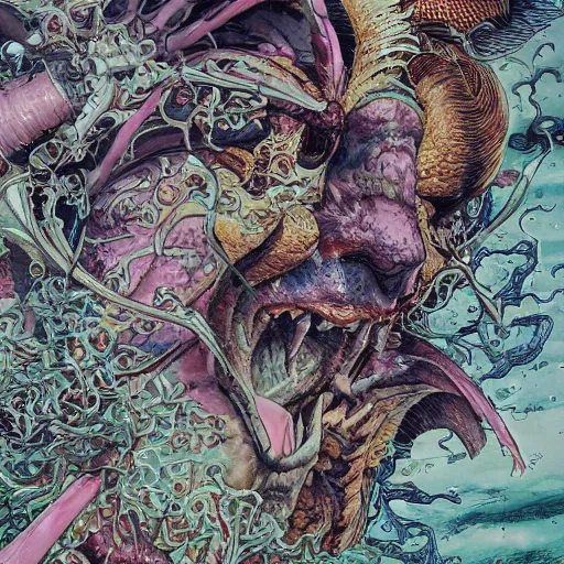 Image similar to closeup of face melting and tongues, by yoichi hatakenaka, masamune shirow, josan gonzales and dan mumford, ayami kojima, takato yamamoto, karol bak