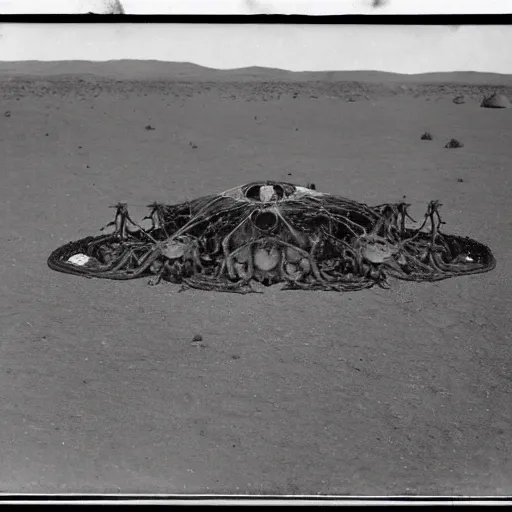 Prompt: tintype, wide view, desert ufo crash site, scientists studying captured alien octopus