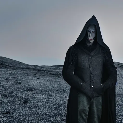 Image similar to man in torn black cloak in strange dark alien landscape with ash in the air at dusk