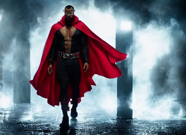 Image similar to film still of michael b jordan as spawn in the new spawn movie, giant chains, large cape, 8 k