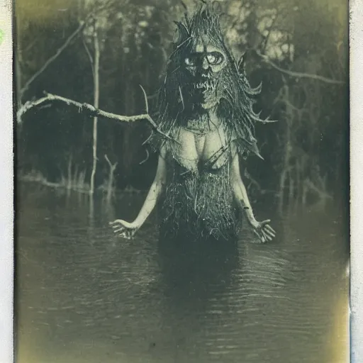 Image similar to creepy lovecraftian monster in swamp, 1910 Polaroid photo