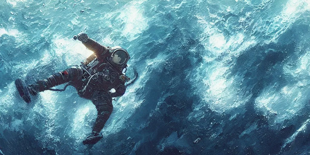 Image similar to an astronaut waist deep in the ocean,digital art,detailed,ultra realistic,art by greg rutkowski