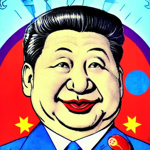 Image similar to xi jinping as communist clown, clown, soviet propaganda style, vivid colors, detailed lines, dominating red color, detailed portrait, poster style