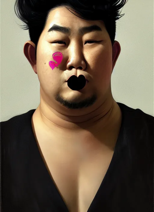 Image similar to portrait of a plump thai man with a crooked nose and a confident expression, 1 9 6 0 s, black clothes, goth, punk, brightly coloured hair, funk, intricate, elegant, highly detailed, digital painting, artstation, concept art, smooth, sharp focus, illustration, art by wlop, mars ravelo and greg rutkowski