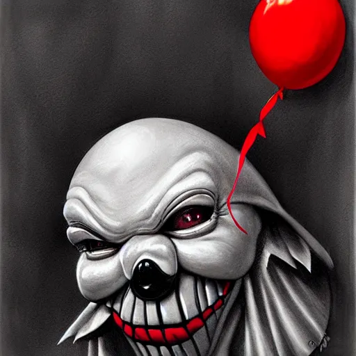 Prompt: surrealism grunge cartoon portrait sketch of death vader with a wide smile and a red balloon by - michael karcz, loony toons style, pennywise style, horror theme, detailed, elegant, intricate