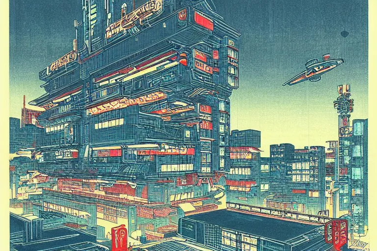 Prompt: cyberpunk buildings with a flight vehicle glowing in the sky, neon sign, bottom view ， bladerunner, by hiroshige utakawa