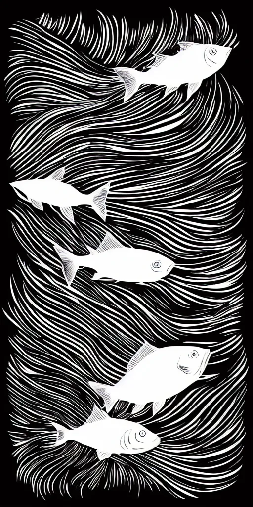 Prompt: illustration vector fine line art of a white fish on a full black background