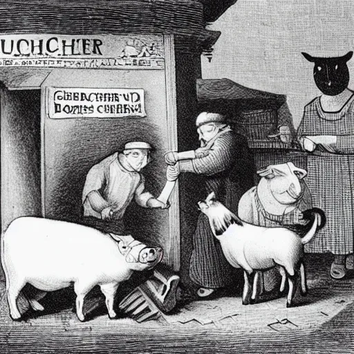 Image similar to butcher giving food to a cat, while being watched by a pig, a sheep, a chicken and a cow