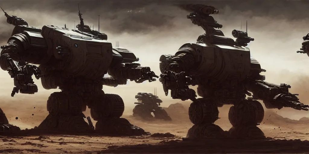 Image similar to hyper realistic sci - fi matte concept art painting of epic cinematic battle between a variety of mechwarriors and soldiers fighting on mars, guns, missiles, explosions, beautiful details, strong composition painted by kim jung guweta studio rutkowski, james gurney and greg rutkowski, and lucasfilm, smooth, intricate, detailed, sharp focus, cinematic