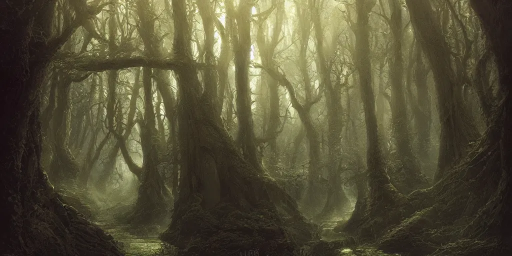 Image similar to artwork of the narrow woods, by john howe & tim white & les edwards, exquisite lighting, clear focus, highly detailed, cinematic view, trending on artstation, exquisite