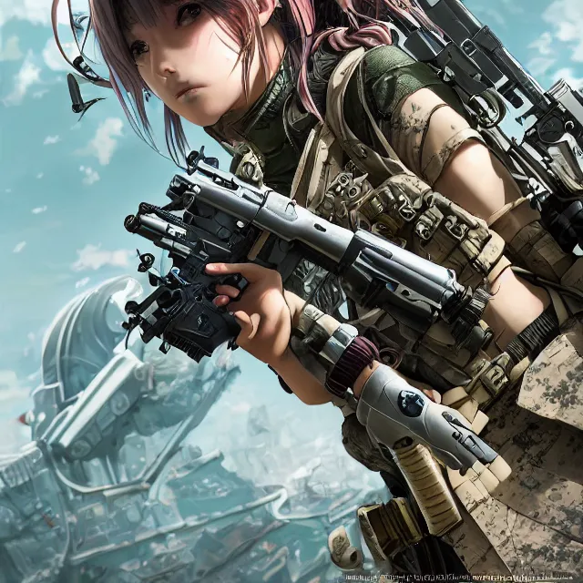 Image similar to the hyperrealistic portrait of lawful neutral female futuristic marine sniper as absurdly beautiful, gorgeous, elegant, young anime girl, an ultrafine hyperdetailed illustration by kim jung gi, irakli nadar, intricate linework, bright colors, octopath traveler, final fantasy, unreal engine 5 highly rendered, global illumination, radiant light, detailed and intricate environment