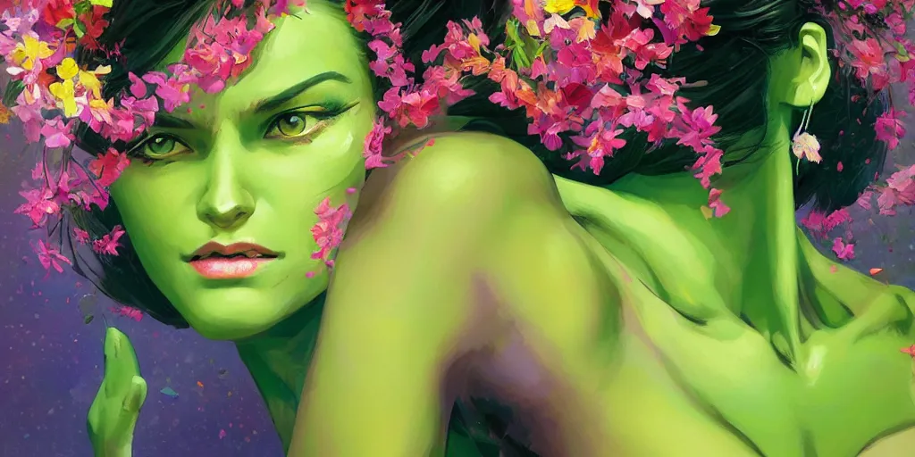 Image similar to A ultradetailed beautiful portrait panting of a She-Hulk with a colorful explosion of flowers coming out of her neck, Oil painting, by Ilya Kuvshinov, Greg Rutkowski and Makoto Shinka