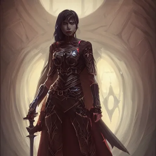 Image similar to female human vampire witch in fantasy armor holding a sword, in the style of greg rutkowski, makoto shinkai, trending on artstation, character design, concept art, symmetrical face, forward facing, highly detailed, digital art