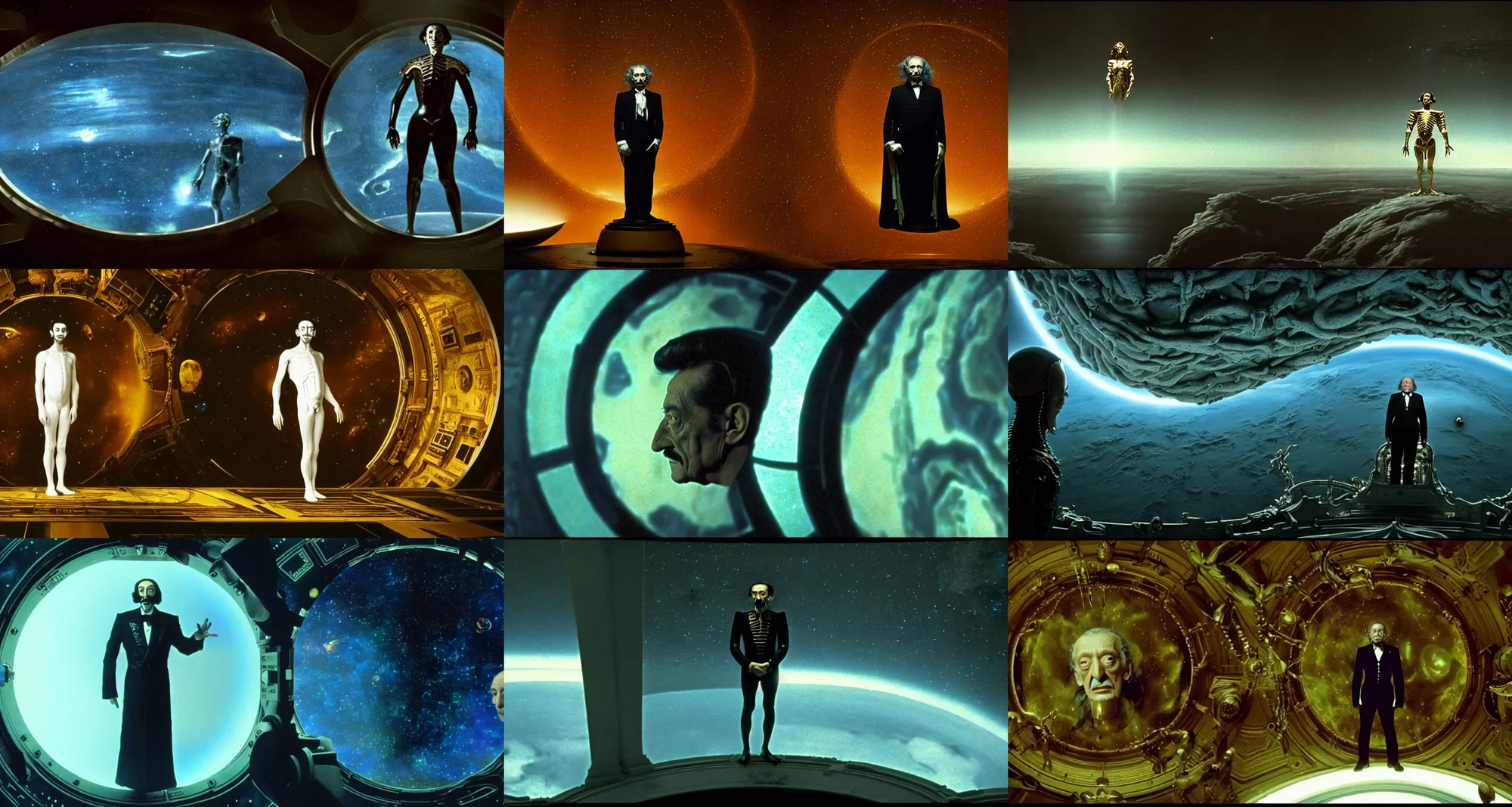Prompt: the full body shot of arrogant salvador dali in the role of emperor of universe | porthole in the wall of palace with the space view | still frame from the prometheus movie by ridley scott with cinematogrophy of christopher doyle and art direction by hans giger, anamorphic bokeh and lens flares, 8 k, higly detailed masterpiece