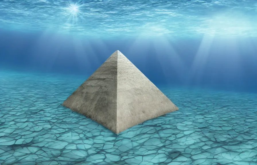 Prompt: a realistic cell - shaded cartoon showing a white pristine pyramid underwater at the bottom of the sea. shafts of sunlight come from above. wide shot, very dull muted colors, hd, 4 k, hq