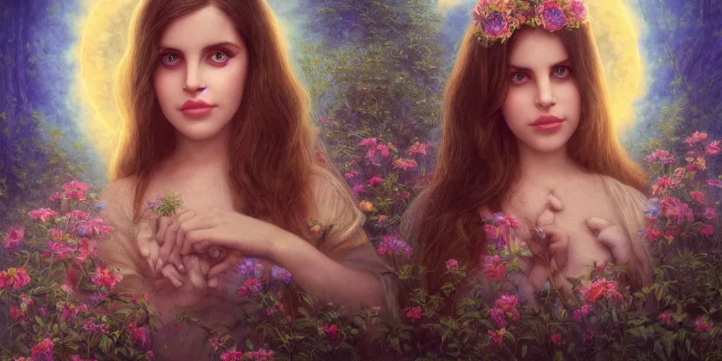 Image similar to big-eyed Lana Del Rey staring into the camera, sundown misty firefly wisps, Lilia Alvarado, Sophie Anderson, Mark Arian, Bob Byerley, Charlie Bowater, Mark Brooks, Steve Henderson, Justin Gerard, Arthur Hughes, Edward Robert Hughes, Mark Keathley, Victor Nizovtsev, Carlos Shwabe, Ross Tran, WLOP