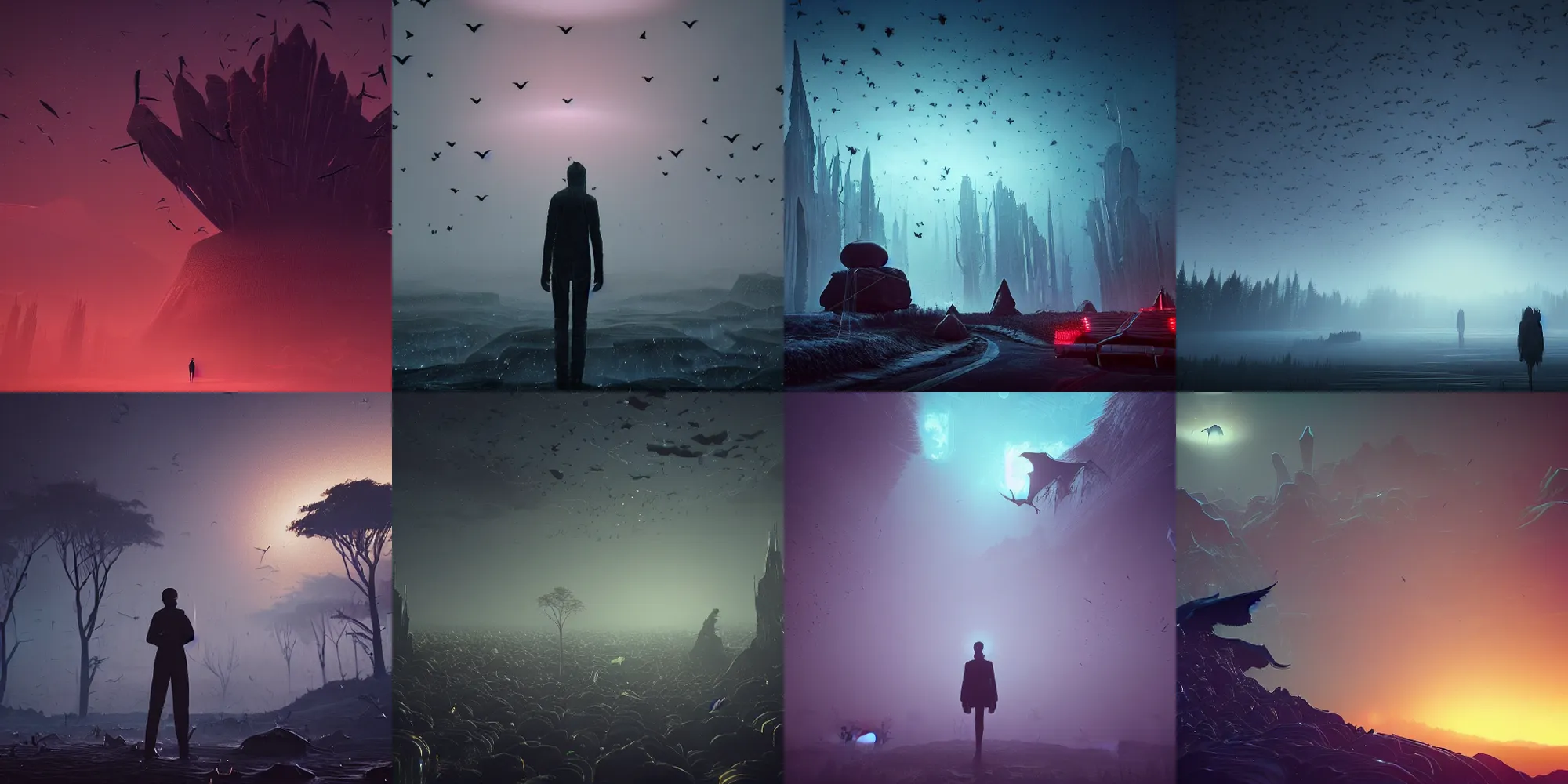 Prompt: beautiful dark landscape, vampire surrounded by millions of bats, in the style of beeple and Mike Winkelmann, photo real, ultra realistic, intricate, epic lighting, 8k resolution, unreal engine 5,