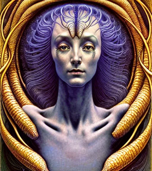 Prompt: detailed realistic beautiful young cher alien robot as queen of andromeda galaxy portrait by jean delville, gustave dore and marco mazzoni, art nouveau, symbolist, visionary, baroque, giant fractal details. horizontal symmetry by zdzisław beksinski, iris van herpen, raymond swanland and alphonse mucha. highly detailed, hyper - real, beautiful!!