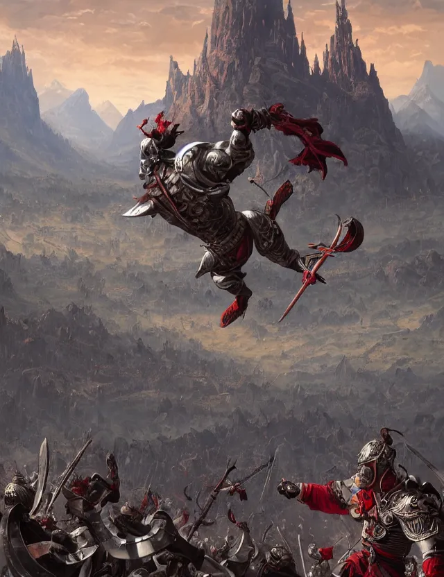 Image similar to wide angle shot from above of silver ornate armor slim handsome mma warriors in battle!!! mountains and giant gothic abbeys in the background, fine detail, 8 k, high contrast color scheme, blue at the background red at the foreground!!!, dynamic perspective, painted movie poster by greg rutkowski and peter mohrbacher