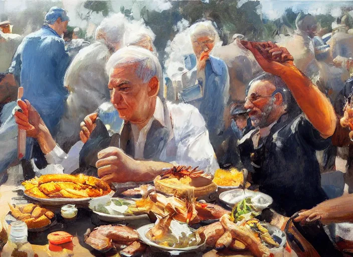 Image similar to a highly detailed beautiful portrait of a bibi nethanyahu protesting against eating animals while people doing bbq, by gregory manchess, james gurney, james jean
