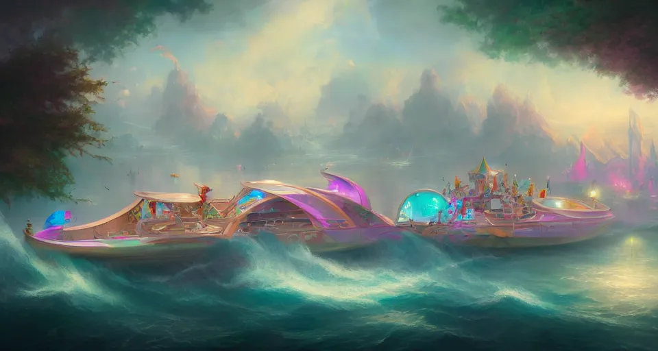 Image similar to an amusement park boat ride with pastel colors by peter mohrbacher, vivid colors, matte painting, 8K, concept art, mystical color scheme, trending on artstation