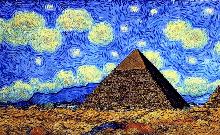 Image similar to The pyramids with Van gogh sky
