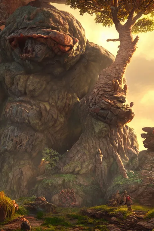 Image similar to zelda fantasy art giant golem troll wood rock greeble gemstone, global illumination ray tracing hdr fanart arstation by sung choi and eric pfeiffer and gabriel garza and casper konefal