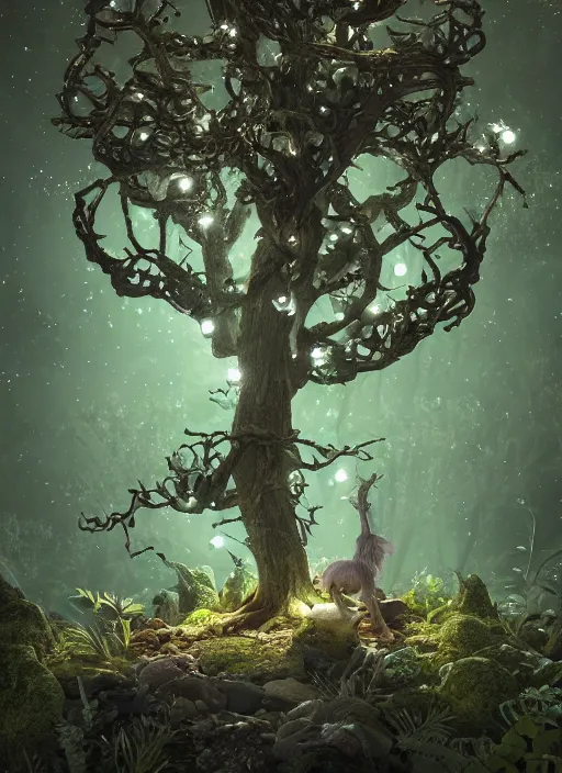 Image similar to friendly Tree Ent on a bioluminescent biome of oddities, oddities everywhere, enchanted, magical, cinematic shot, intricate, ornate, photorealistic, ultra detailed, realistic, 100mm, photography, octane, high definition, depth of field, bokeh, 8k, behance, artstation