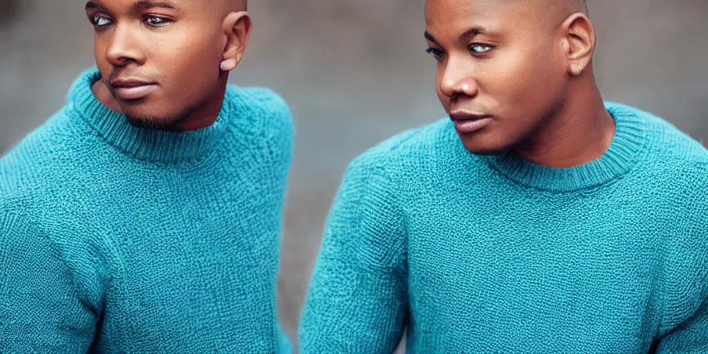 Image similar to Male, Male, Male, Male, Male, short hair, blue hair, dark skin, teal sweater, wavy hair, photograph, hd,