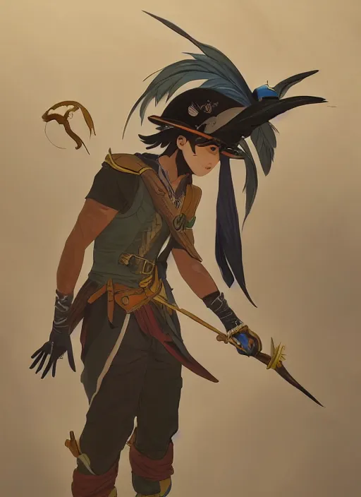 Prompt: concept art painting of an androgynous bird person with human face and black feathers, pirate clothes, detailed, cel shaded, in the style of makoto shinkai and james gurney and alphonse mucha and greg rutkowski and artgerm