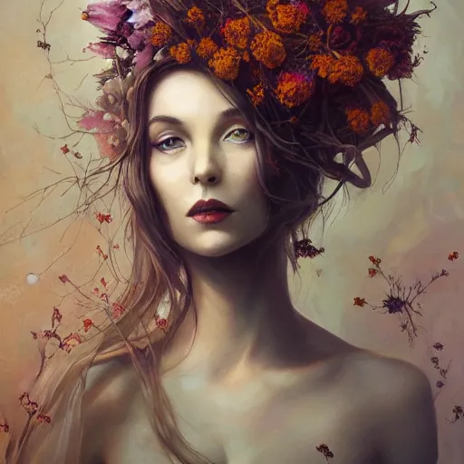 Prompt: fine art photo of the beauty goddess louisa rose allen, she has a crown of dried flowers, by peter mohrbacher