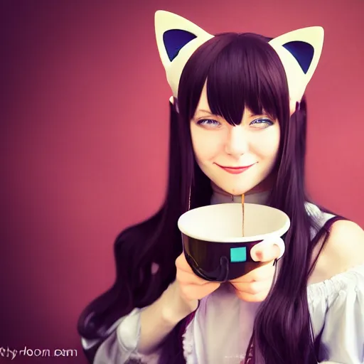 Image similar to a portrait of a girl with cat ear drinking coffee , fantasy, anime , madhouse production, HDR, natural light, shoulder level shot, dynamic pose, award winning photograph, Mucha style 4k,