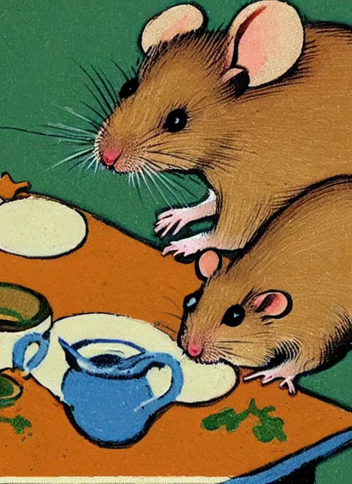 Image similar to an extreme close - up portrait of a mouse family drinking tea, samovar, by billy childish, thick visible brush strokes, shadowy landscape painting in the background by beal gifford, vintage postcard illustration, minimalist cover art by mitchell hooks