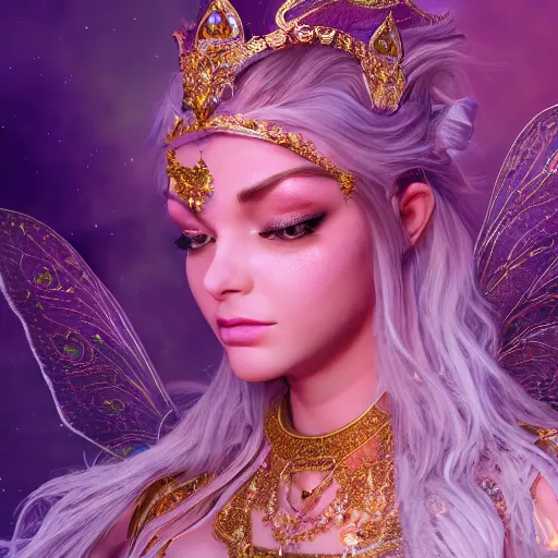 Image similar to portrait of princess of amethyst, glowing, ornate and intricate jewelry, jaw dropping beauty, glowing background lighting, white accent lighting, hyper detailed, fairy tale, 4 k octane render