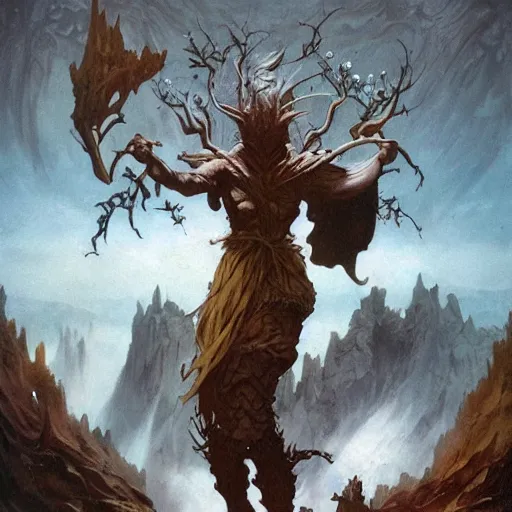 Image similar to a druid at the beginning of the world by alan lee and peter mohrbacher and frank frazetta and mike mignola