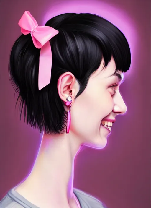 Image similar to portrait of high school girl, realistic, black hair, bangs, half updo hairstyle, pointy nose, skinny, smile, ugly, defined jawline, big chin, pink hair bow, earrings, intricate, elegant, glowing lights, highly detailed, digital painting, artstation, sharp focus, illustration, art by wlop, mars ravelo and greg rutkowski