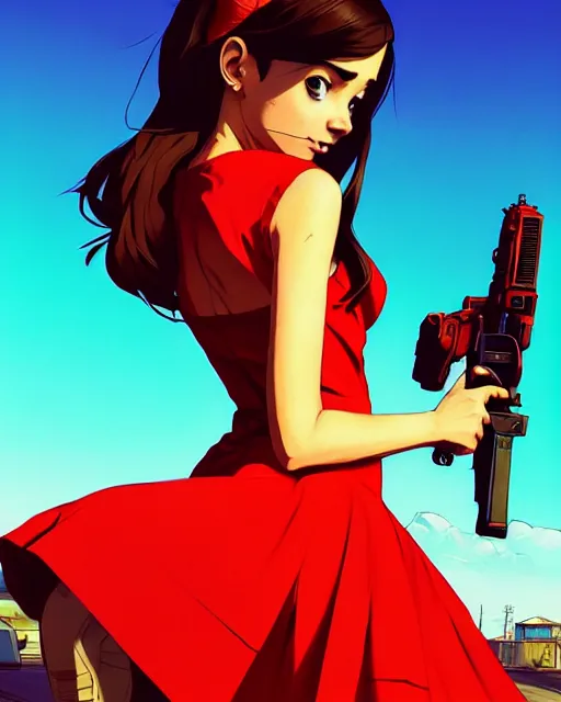 Image similar to portrait of cute girl in a red dress, gta v cover art, borderlands style, celshading, sharp focus, intricate, detailed, by rhads, andreas rocha, rossdraws, makoto shinkai, laurie greasley, lois van baarle, ilya kuvshinov and greg rutkowski, dynamic lighting, sharp focus, grunge aesthetic, 4 k