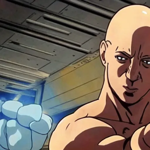 Prompt: long shot of tiny vin diesel as saitama punching a car into space