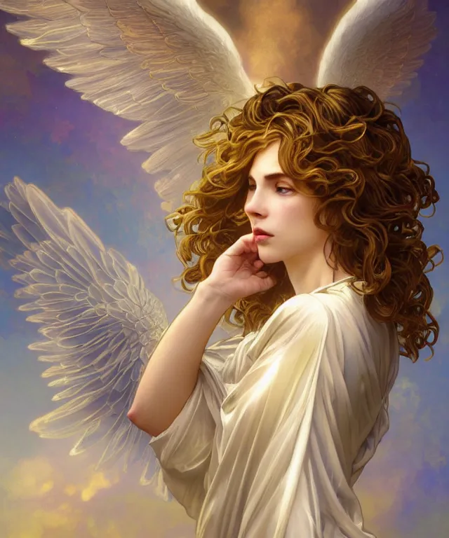 Image similar to fullbody portrait of a beautiful young fit male angel with curly blond hairs, full dressed in long fluent clothes, majestic big dove wings, luminous halo, by greg rutkowski and alphonse mucha, gradient white to gold, in front of an iridescent background, highly detailed portrait, digital painting, artstation, concept art, smooth, sharp focus illustration