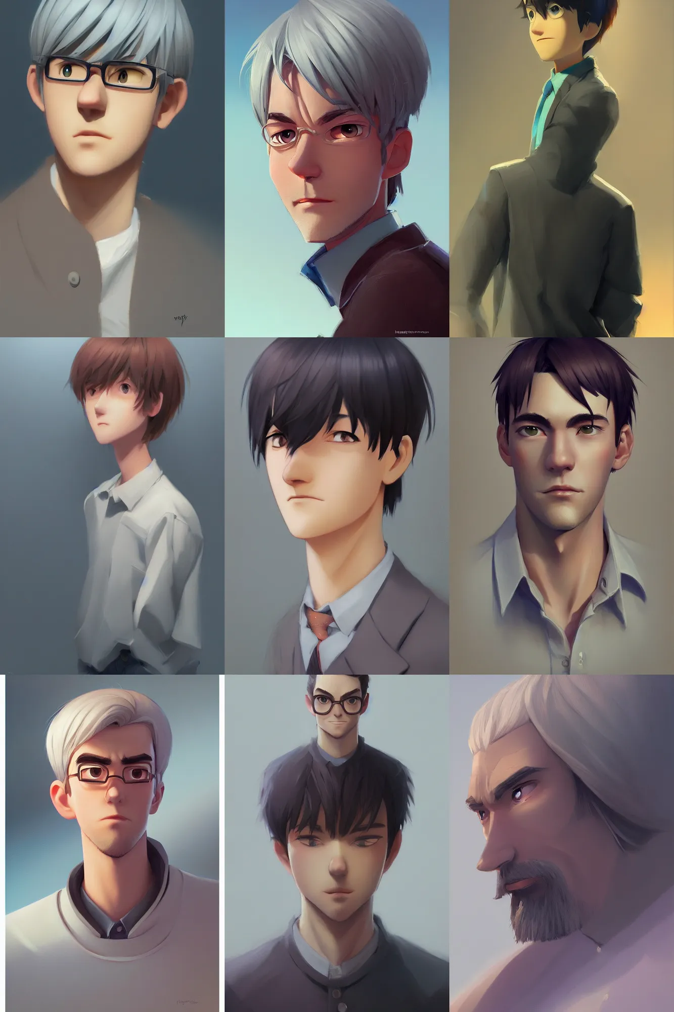 Prompt: a portrait of a handsome man pixar character, pixar film setting, long bangs, going gray, vivid colors, soft lighting, atmospheric, cinematic, moody, in the style of ilya kuvshinov and range murata, krenz cushart, rule of thirds, oil on canvas, 8 k