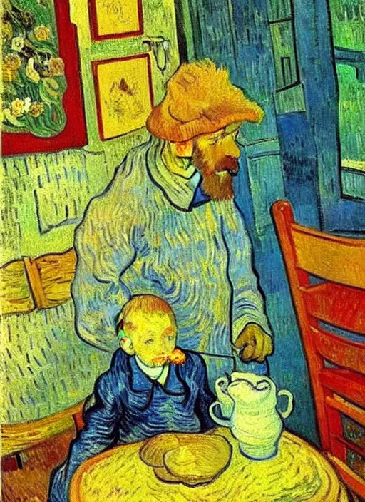 Image similar to good morning, van gogh painting breakfast on a canvas, painting by vincent van gogh, paul gauguin