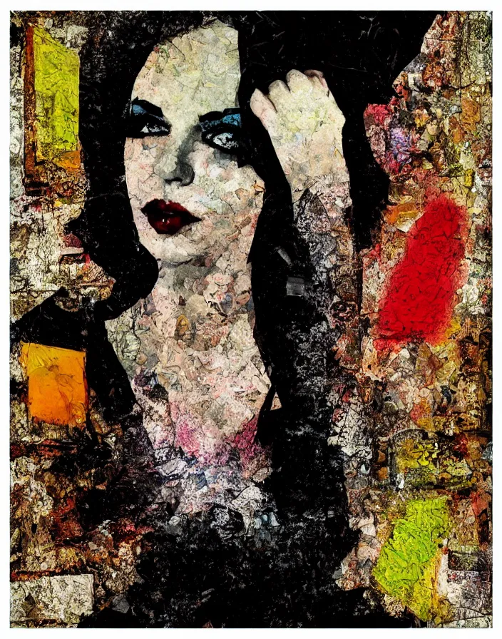 Prompt: languid temptation. minimalistic analogue mixed media collage with canvas texture in style of contemporary art, punk art, realistic face, expressionism, masterpiece, perfect composition, photorealistic beautiful face, spectacular quality, intricate details, shattered glass textures, colorful